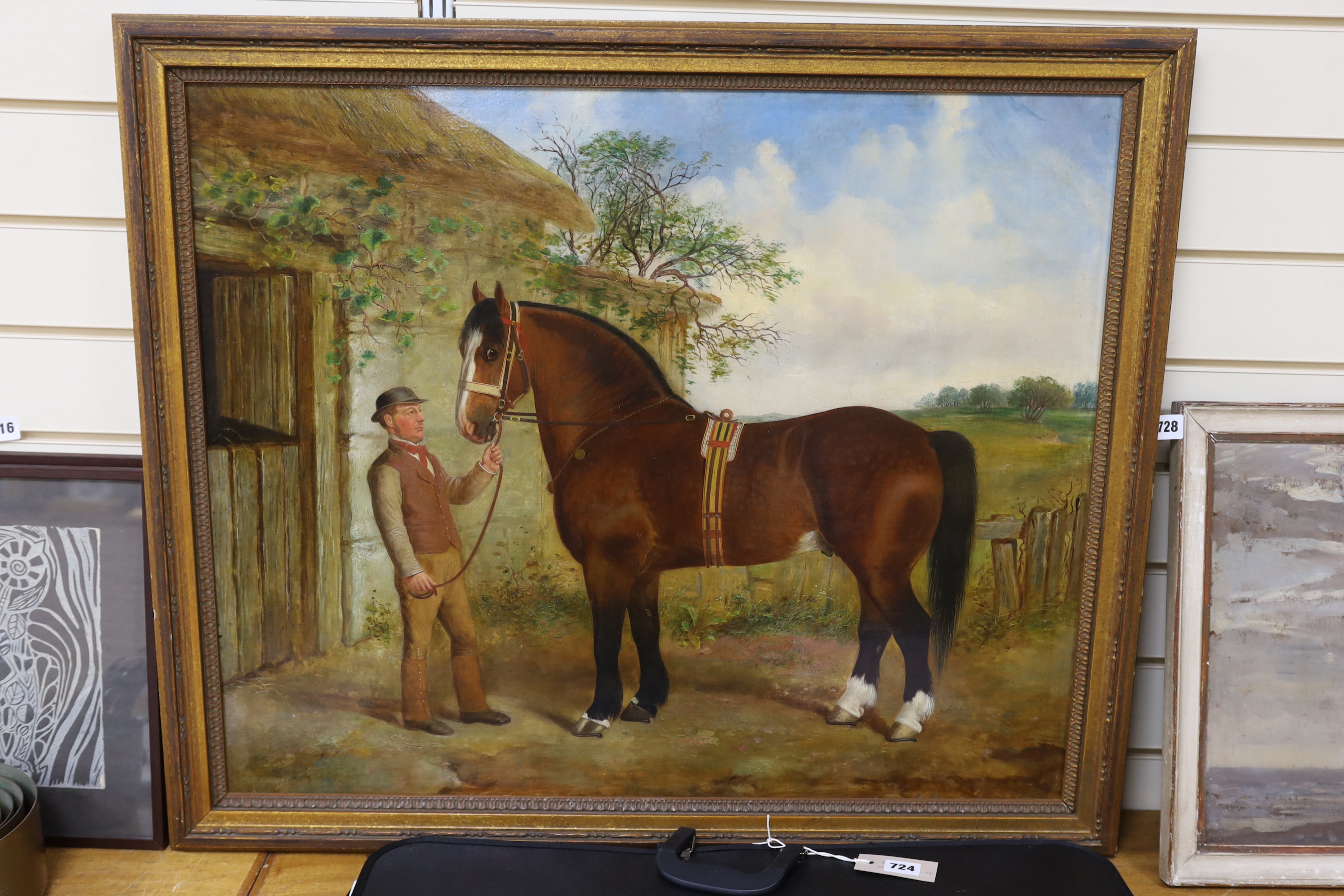 Circle of John Ferneley Jnr. (1815-1862), oil on canvas, Portrait of a horse with groom in attendance, 65 x 79cm